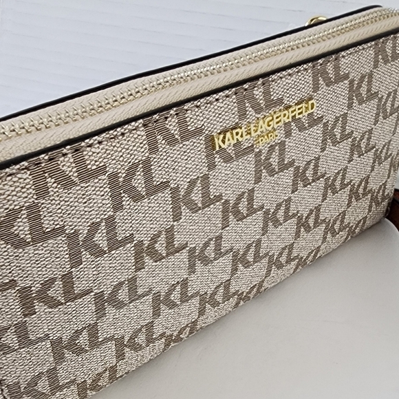 Karl Lagerfeld Monogram Brown Leather Wristlet Taupe Women's Crossbody - Picture 5 of 13